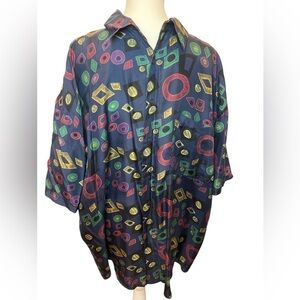 Impact 100% Silk Men’s Button Down Size Large 
Navy Blue with Geometric pattern